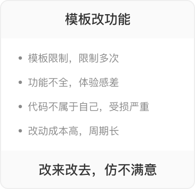 模板改功能：模板限制，限制多次；功能不全，体验感差；代码不属于自己，受损严重；改动成本高，周期长。结论——改来改去，仿不满意
